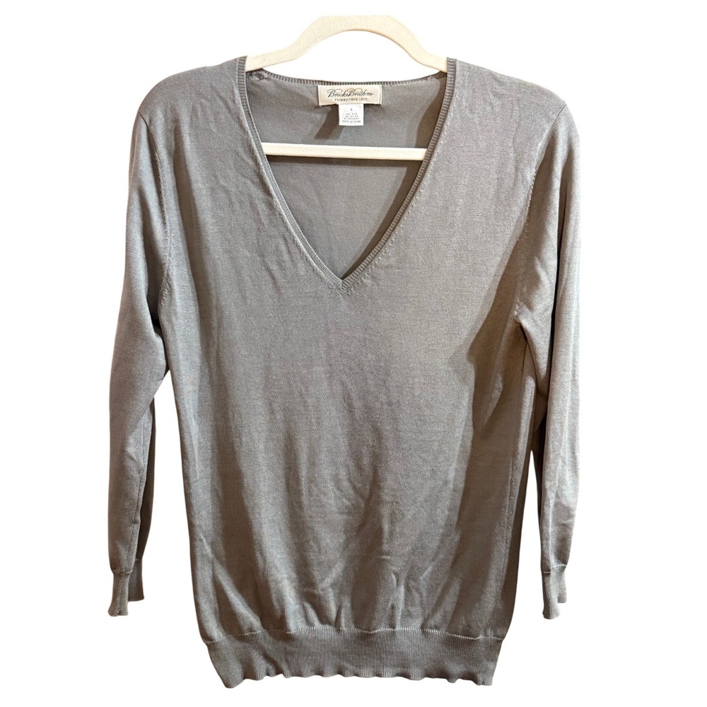 Brooks Brothers Womens Silk Blend V-Neck Sweater Gray Sz S Long Sleeve Classic